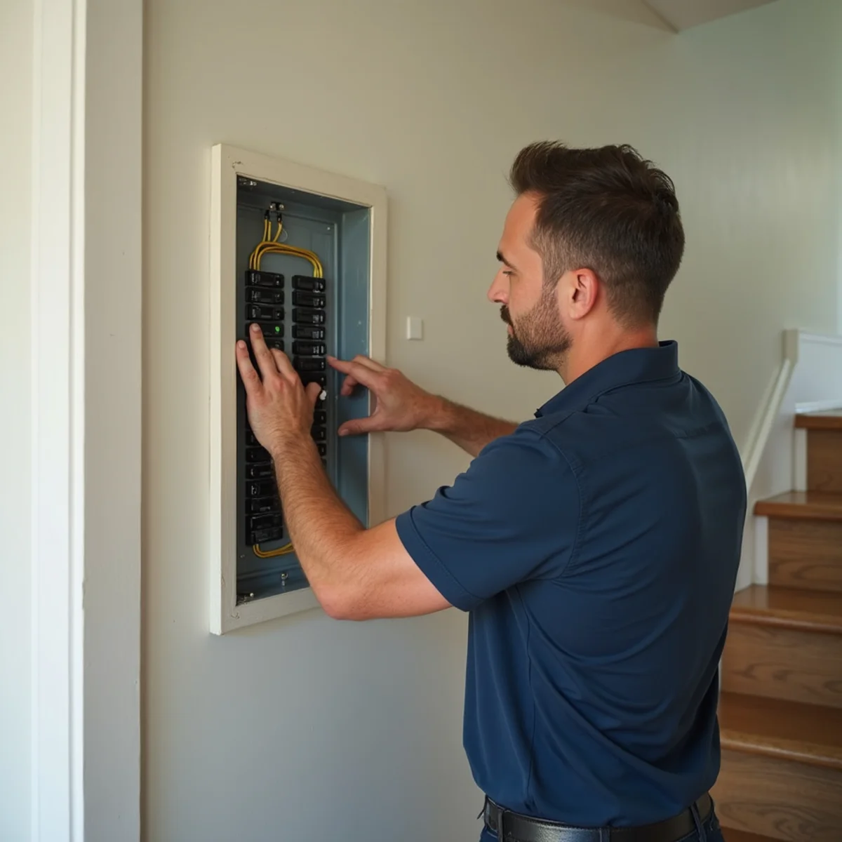 Homeowner safely checking main breaker panel away from flooded basement floor