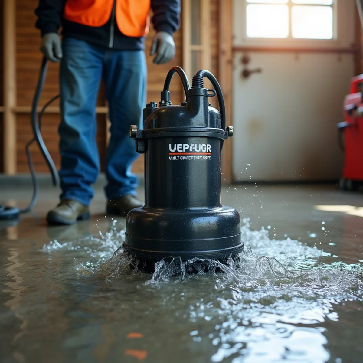 Submersible emergency utility pump pumping water out of flooded basement