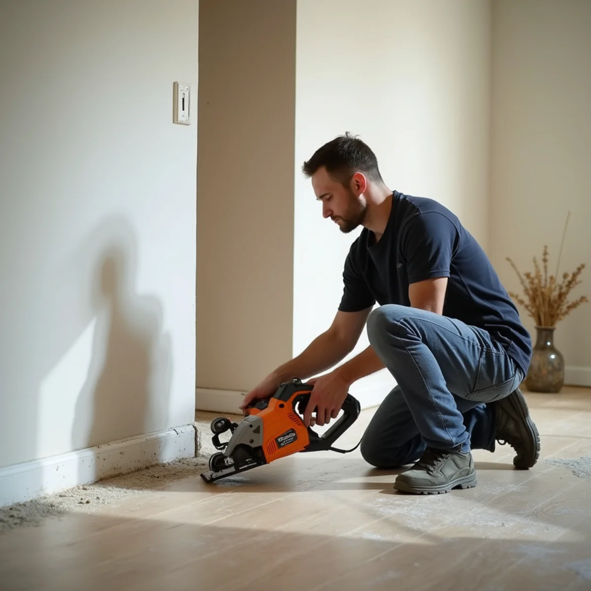 Performing 24-inch flood cut on wet basement drywall to prevent mold growth
