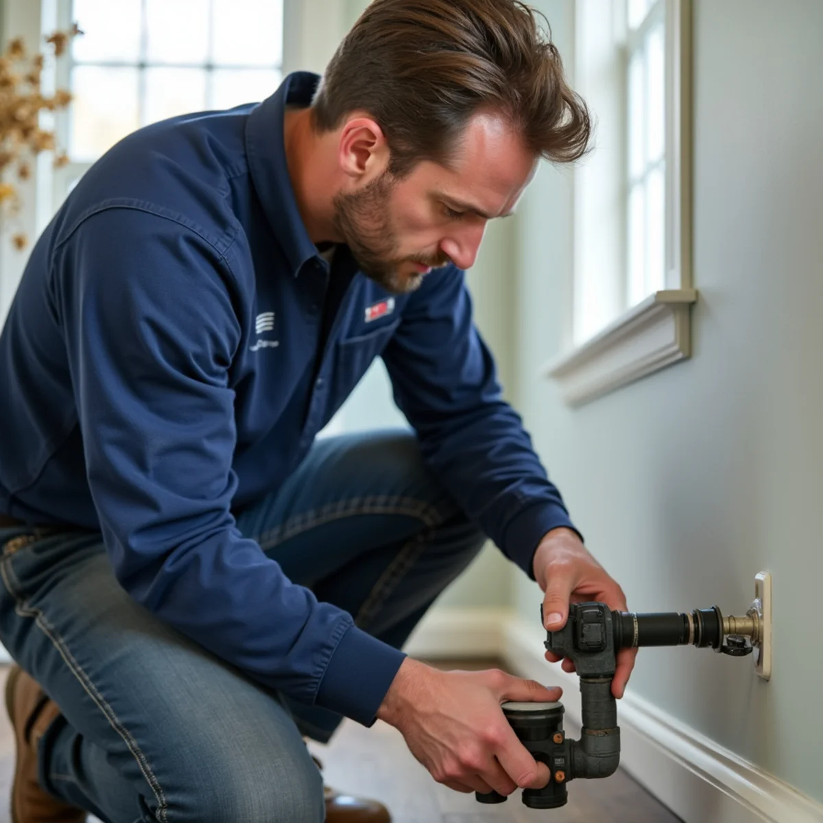 Plumbing technician inspecting foundation drain tile with optical diagnostic camera
