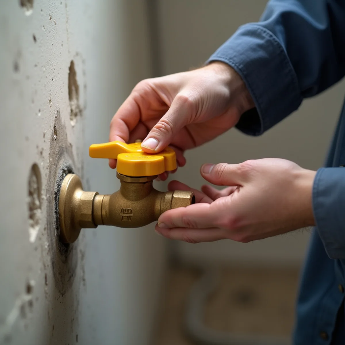 Homeowner shutting off the main brass water gate valve in a Fairfax basement