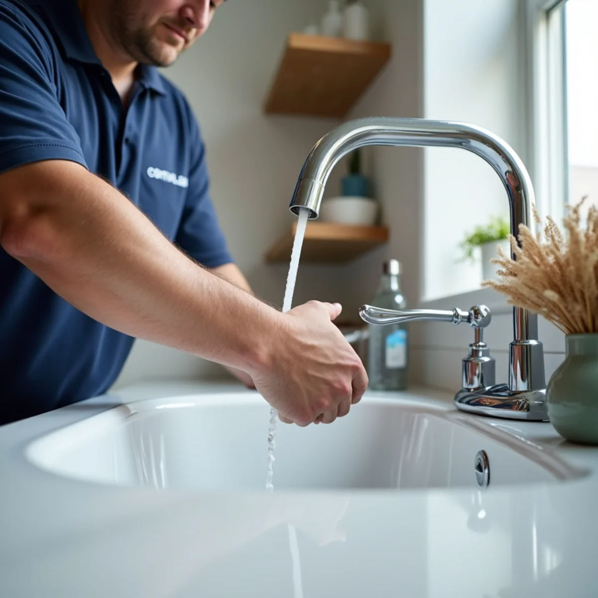 Plumber opening basement utility sink faucet to drain water line pressure