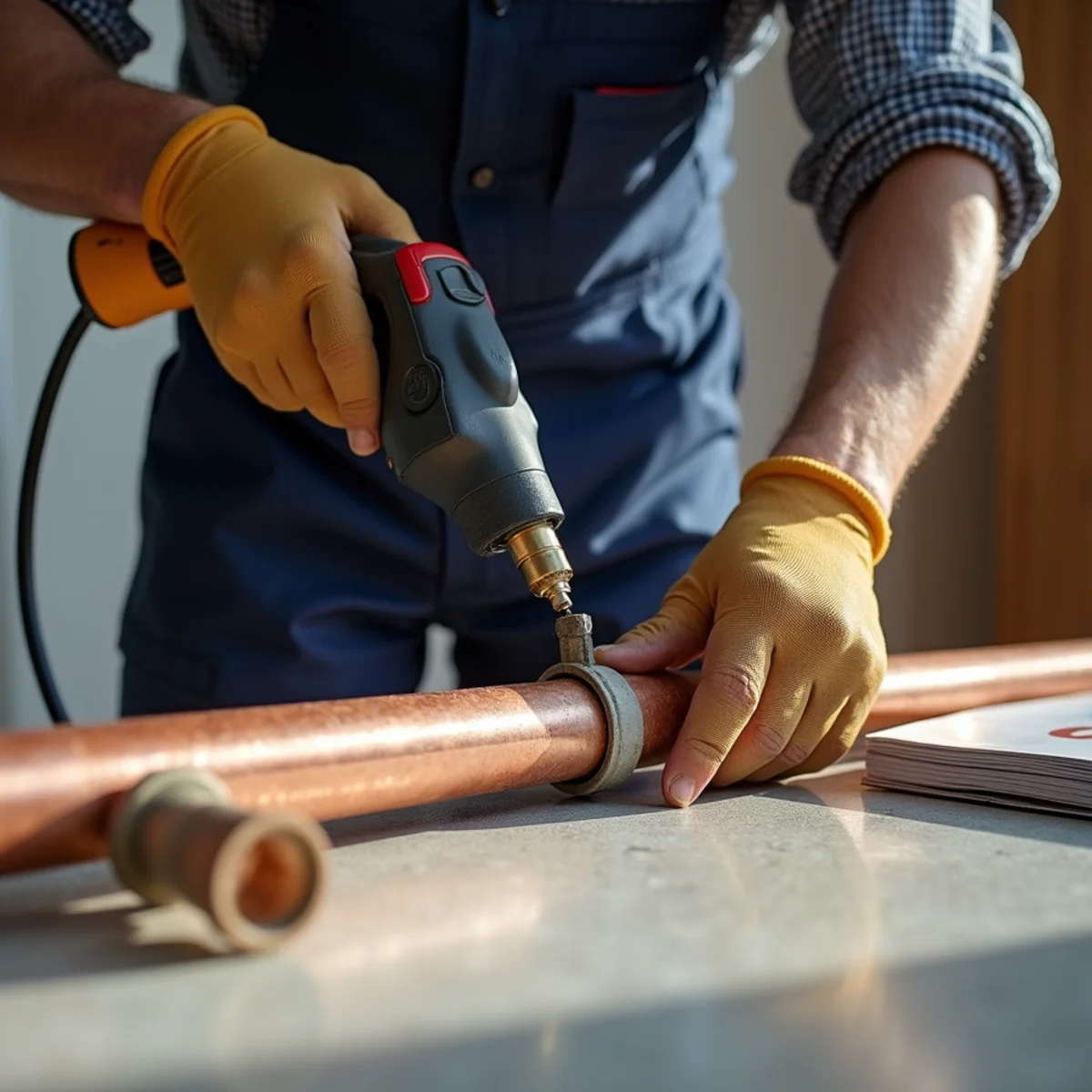 Technician safely thawing frozen copper pipe using controlled gentle heat
