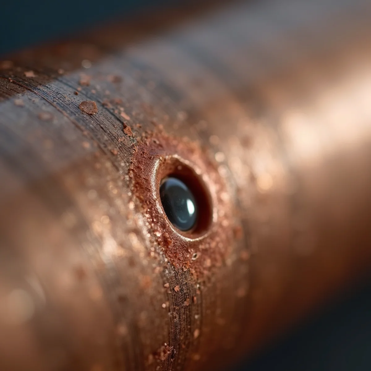 Macro shot of micro-pinhole water leak spraying fine mist from copper tube