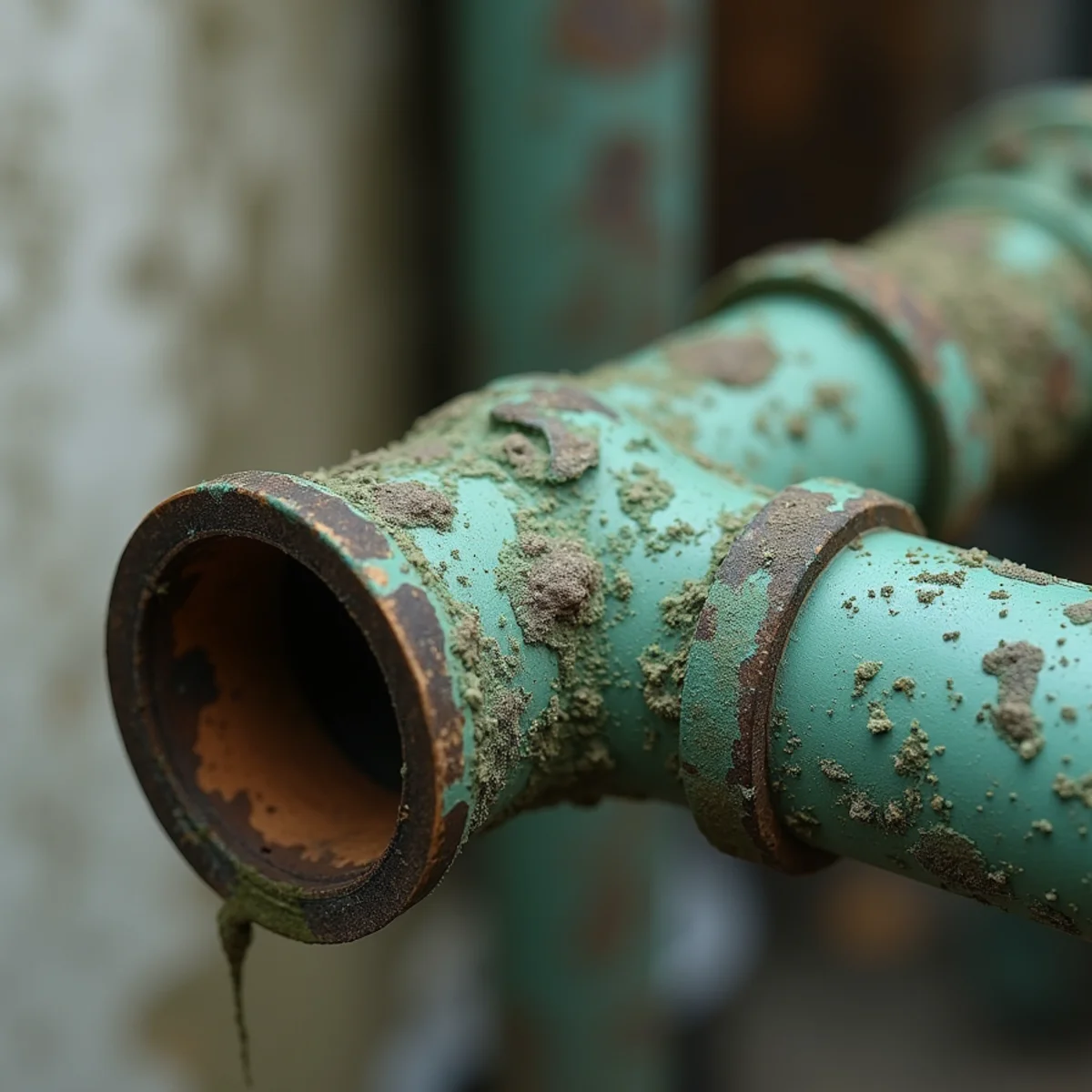 Green verdigris crust indicating advanced external galvanic pitting on copper