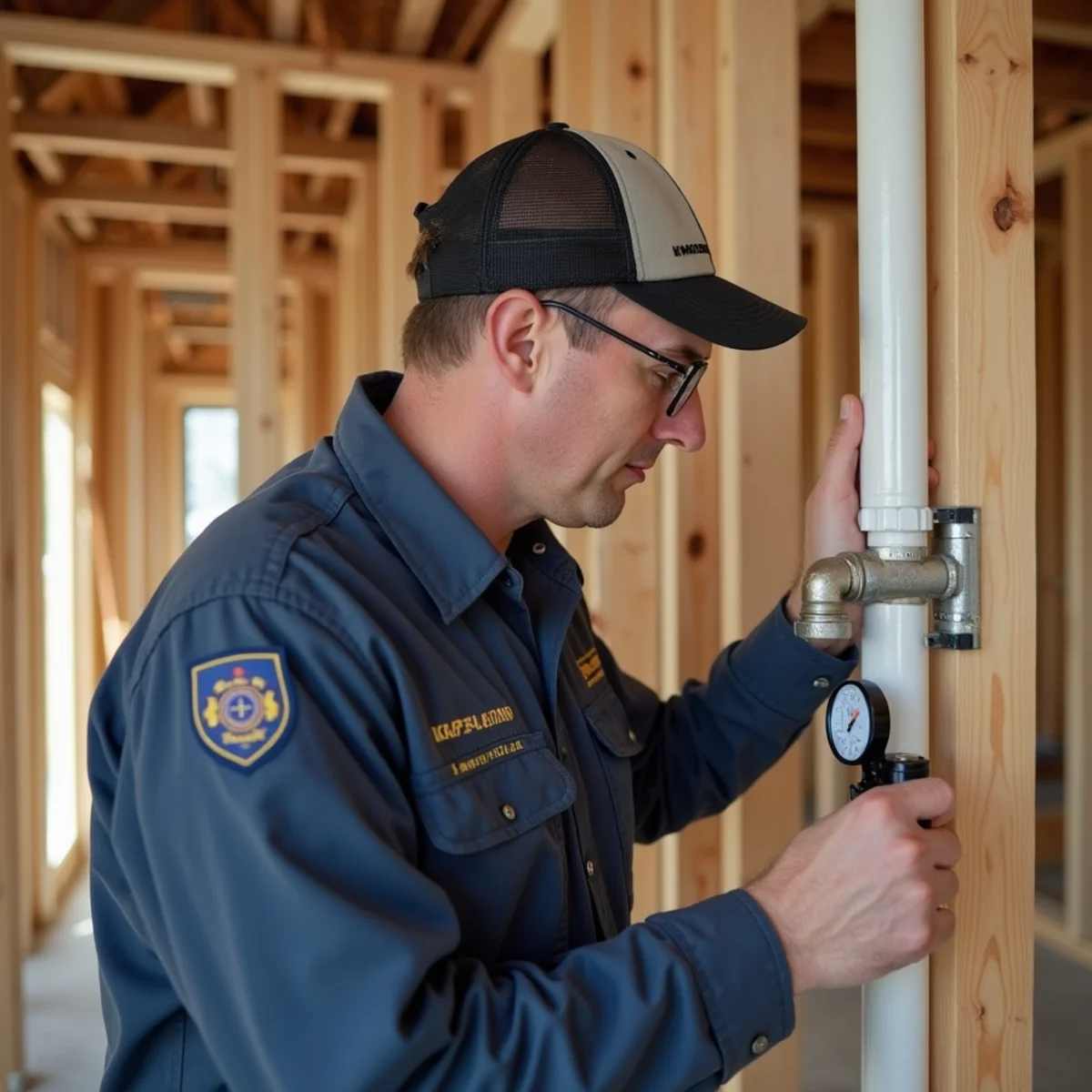 Virginia building inspector examining rough-in plumbing DWV piping