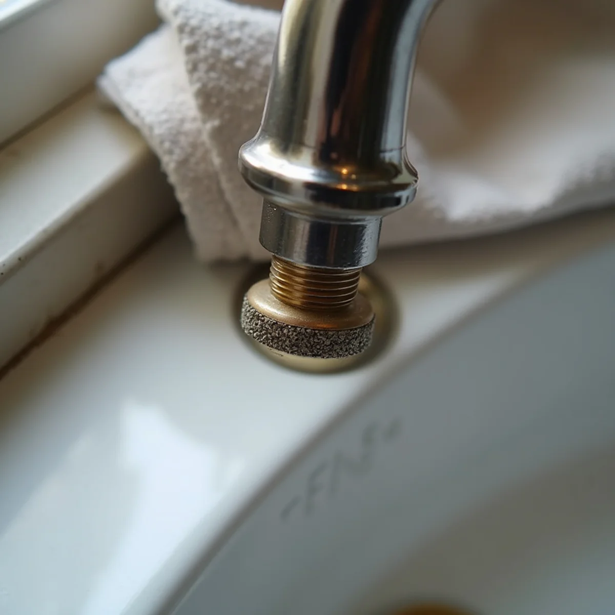Chalky white calcium mineral scale crust clogging sink faucet aerator