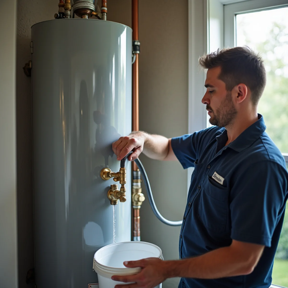 Draining sediment from bottom drain valve of water heater into bucket