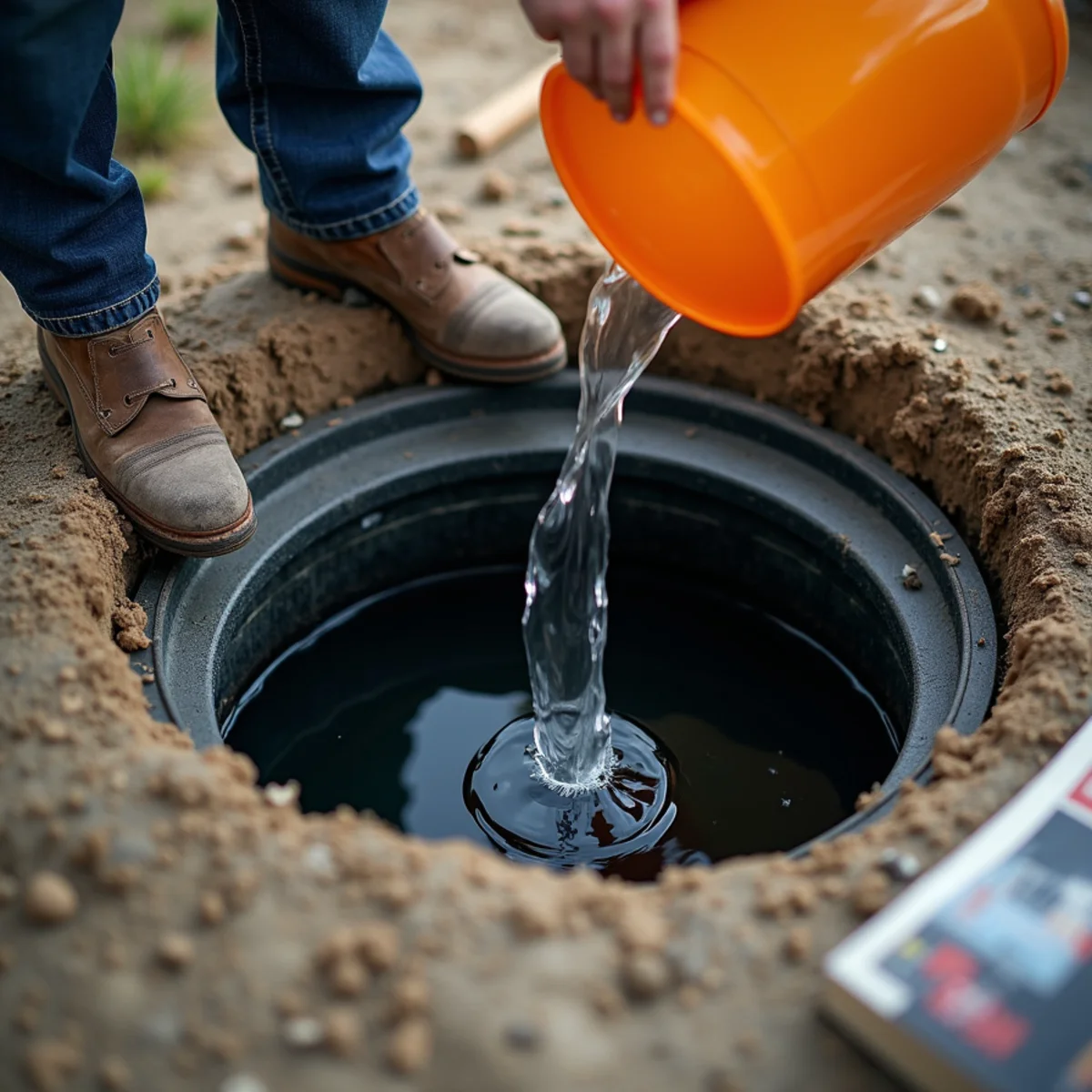 Testing sump pump operation by pouring five gallons of water into pit