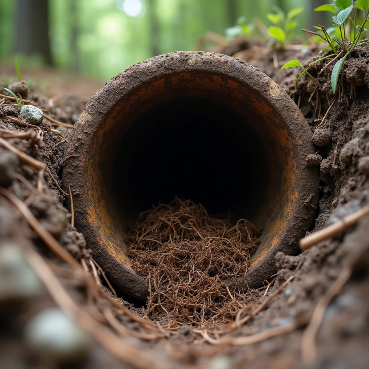 Tree roots penetrating and crushing fragile sewer pipe walls underground