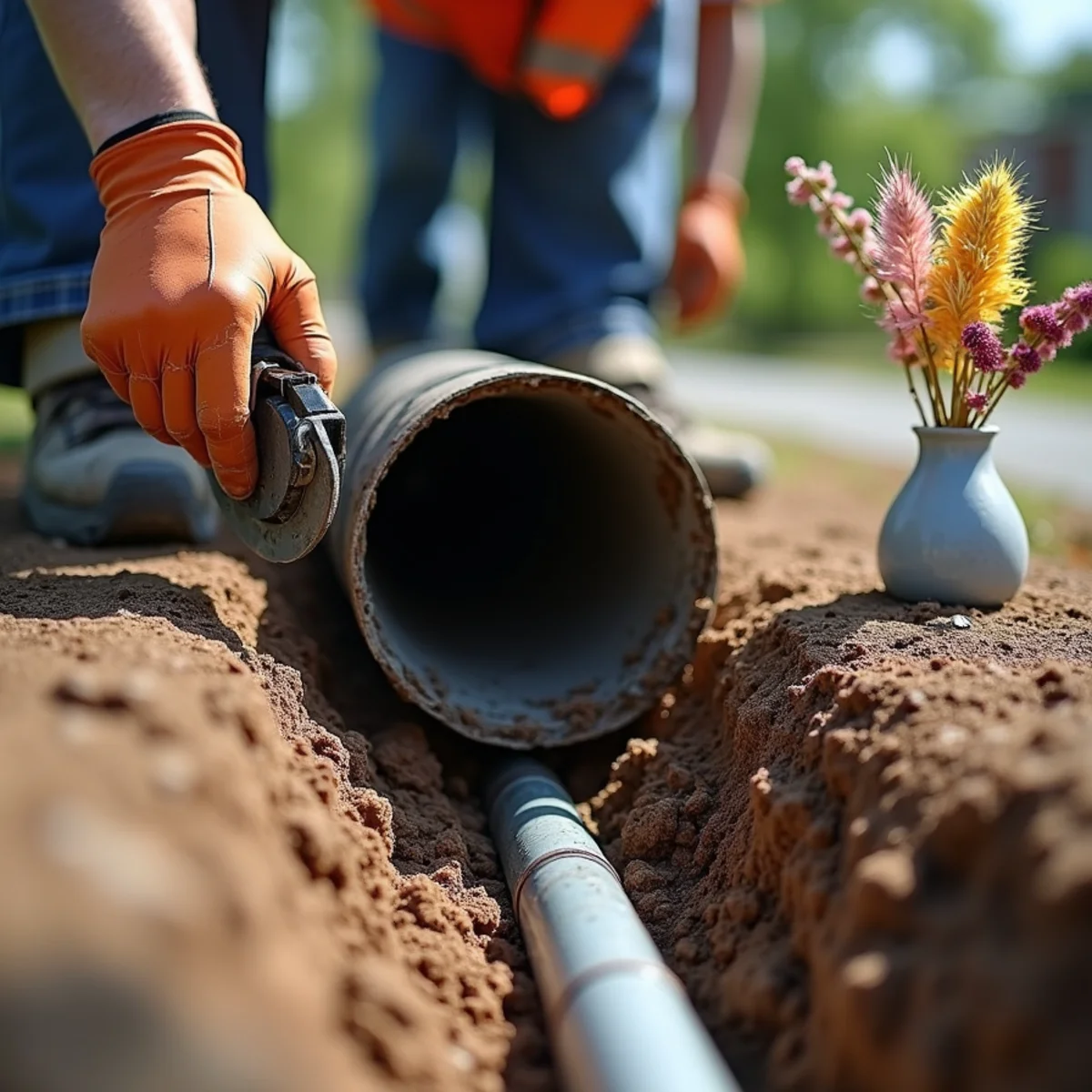 Trenchless hydraulic pipe bursting replacing underground sewer lateral