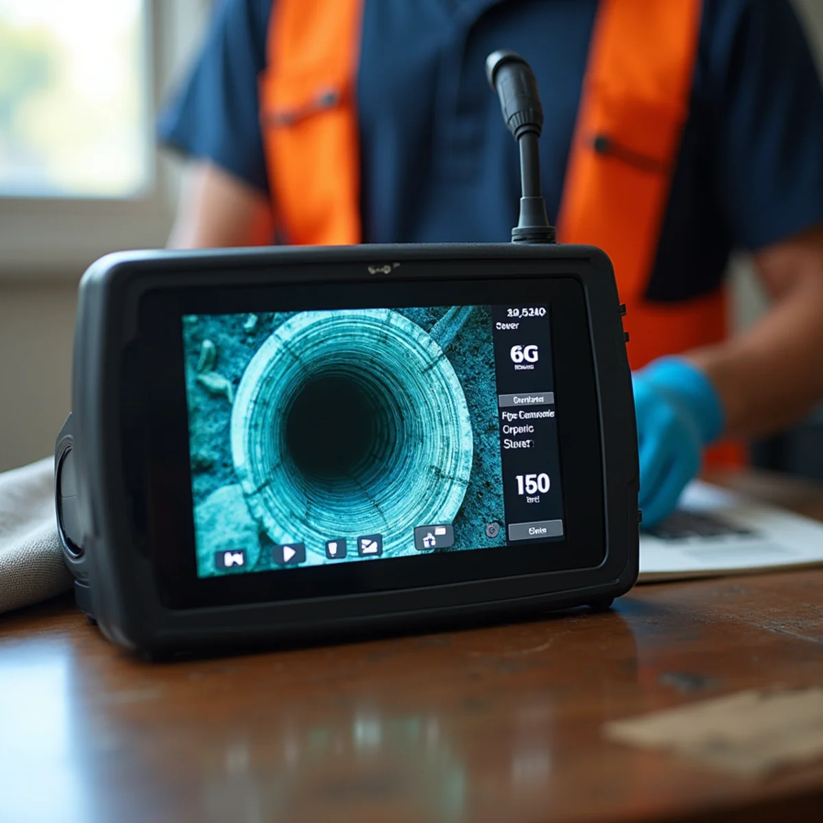 Color sewer camera control monitor displaying real-time underground pipe footage