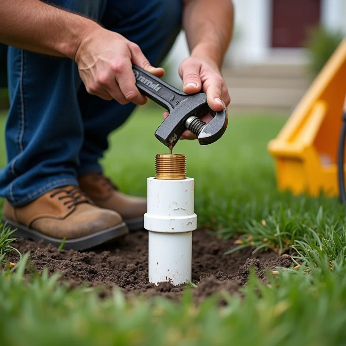 Plumber unscrewing brass threaded sewer cleanout cap in front lawn
