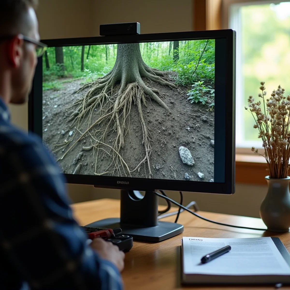 HD sewer camera monitor showing tree roots infiltrating clay pipe joint