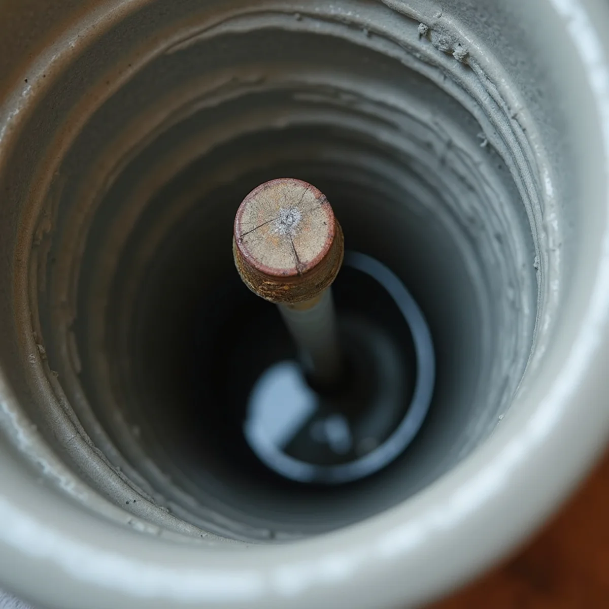 Vertical float switch jammed against basin wall inside a sump pit
