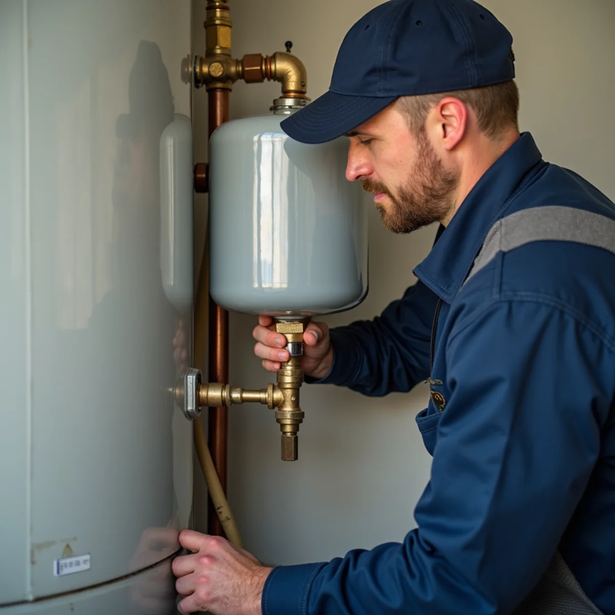 Thermal expansion tank mounted above gas water heater with brass ball valve