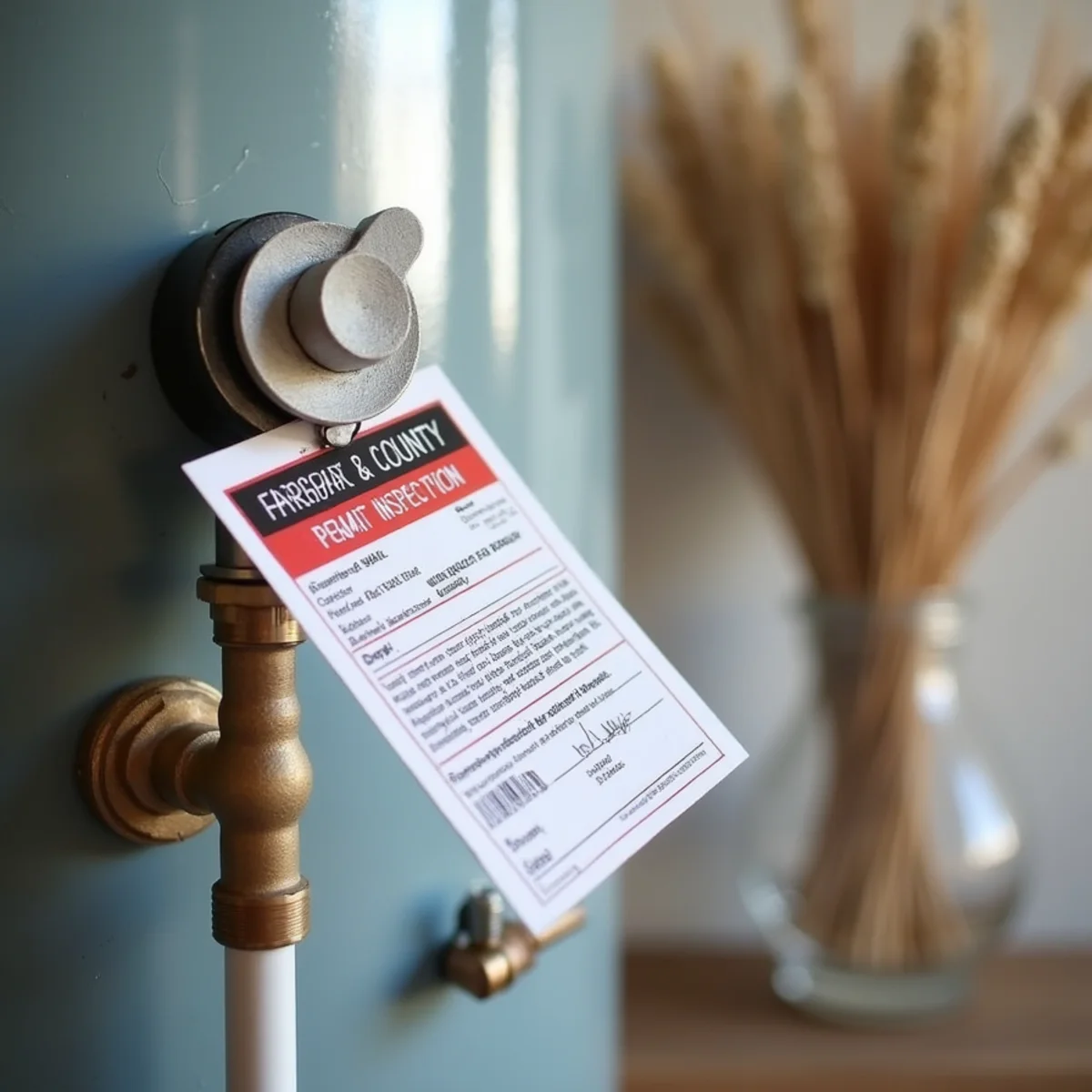 Approved municipal building permit inspection tag on water heater in Fairfax