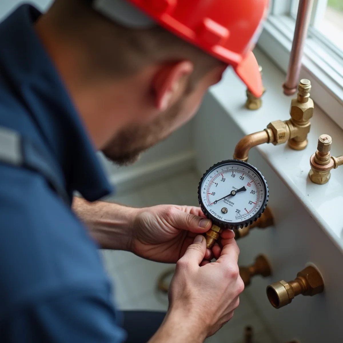 Virginia-licensed plumber testing water pressure gauge on residential pipes in Fairfax
